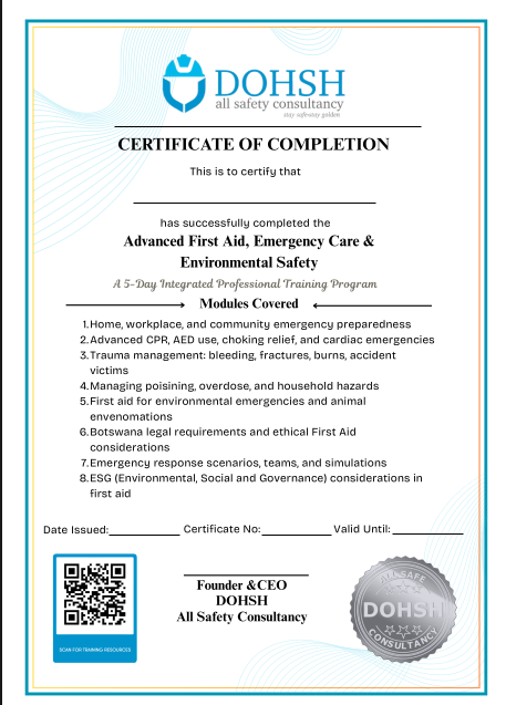 Preview of the Advanced First Aid, Emergency Care and Environmental Safety certificate